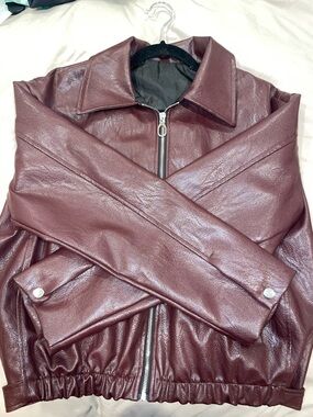 Women's Burgundy Faux Leather Zip Jacket
